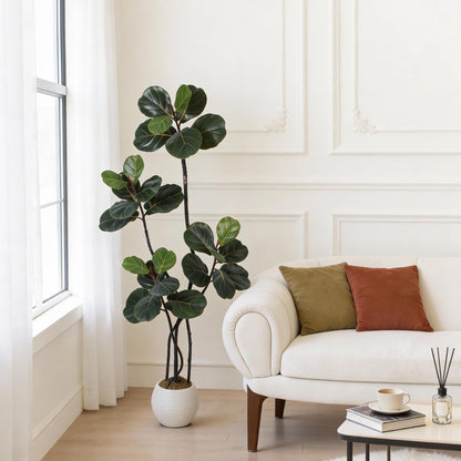 GarveeHome 5FT Artificial Ficus Lyrata Tree, Bendable Boughs, Modern White Pot Included, Perfect for Home Office Living Room Decor Indoor, Tall Artificial Tree for Housewarming Gift