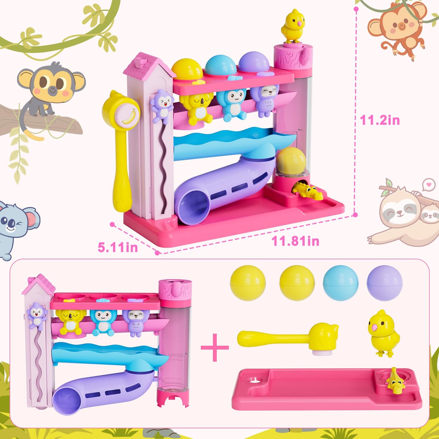 VOILBTOY Musical Toy for 1-2 Year Old Girls,Educational Baby Toys 12-18 Months,Ball Drop Toy with English & Spanish,Fine Motor Toys for Toddlers 1-3,Birthday Gift for 1+ Year Old Girl (Pink)