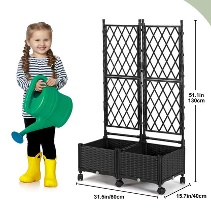 FOLLOOK Planter Box with Trellis, 4ft Tall Self-Watering Plastic Raised Garden Beds and Lattice Trellis with Lockable Wheels & Drain Plug for Outdoor Patio Backyard Balcony, Black, 2 Pcs