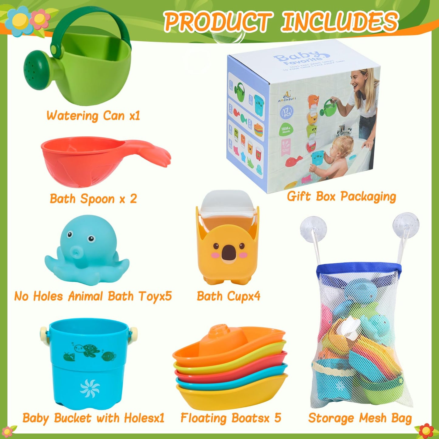 Mold Free Bath Toys, 17PCS | Easy Clean Easy-Grip Baby Bath Toys for Kids Ages 1-3 | Bath Boats Cups Watering Can Tub Toy for Toddlers Age 2-4 | Bathtub Pool Water Toys for 1+ Year Old Boys Girl Gifts