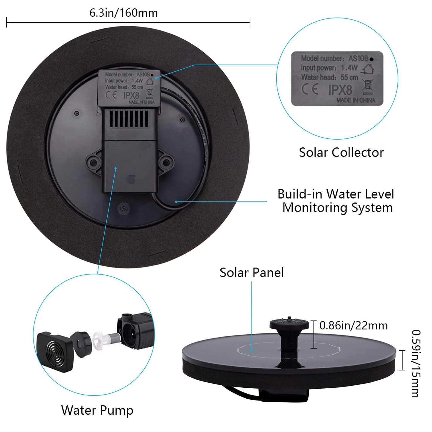 Solar Fountain for Bird Bath, Solar Powered Fountain Pump 1.5W Solar Water Fountain Floating Birdbath Water Pumps for Garden, Patio, Pond and Pool