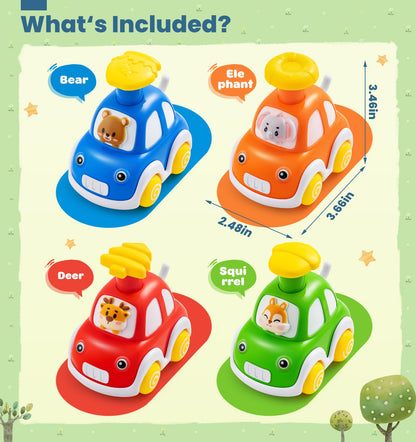 TooyBing Press and Go Car Toys for Toddlers 1-3, 4 Pack Animal Baby Car Toys for 1 2 Year Old Boy, Push Go Friction Vehicle Toys for Infants 12-18 Months, One First Birthday Gifts for Boys Girls