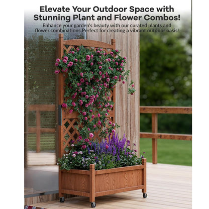 IDEALHOUS Large Raised Garden Bed with Trellis & Wheels, 61" Wooden Mobile Planter Box with Drainage Hole, Freestanding Vertical Planter for Outdoor Indoor Patio Lawn Herbs Flowers Vegetables, 2 Pack