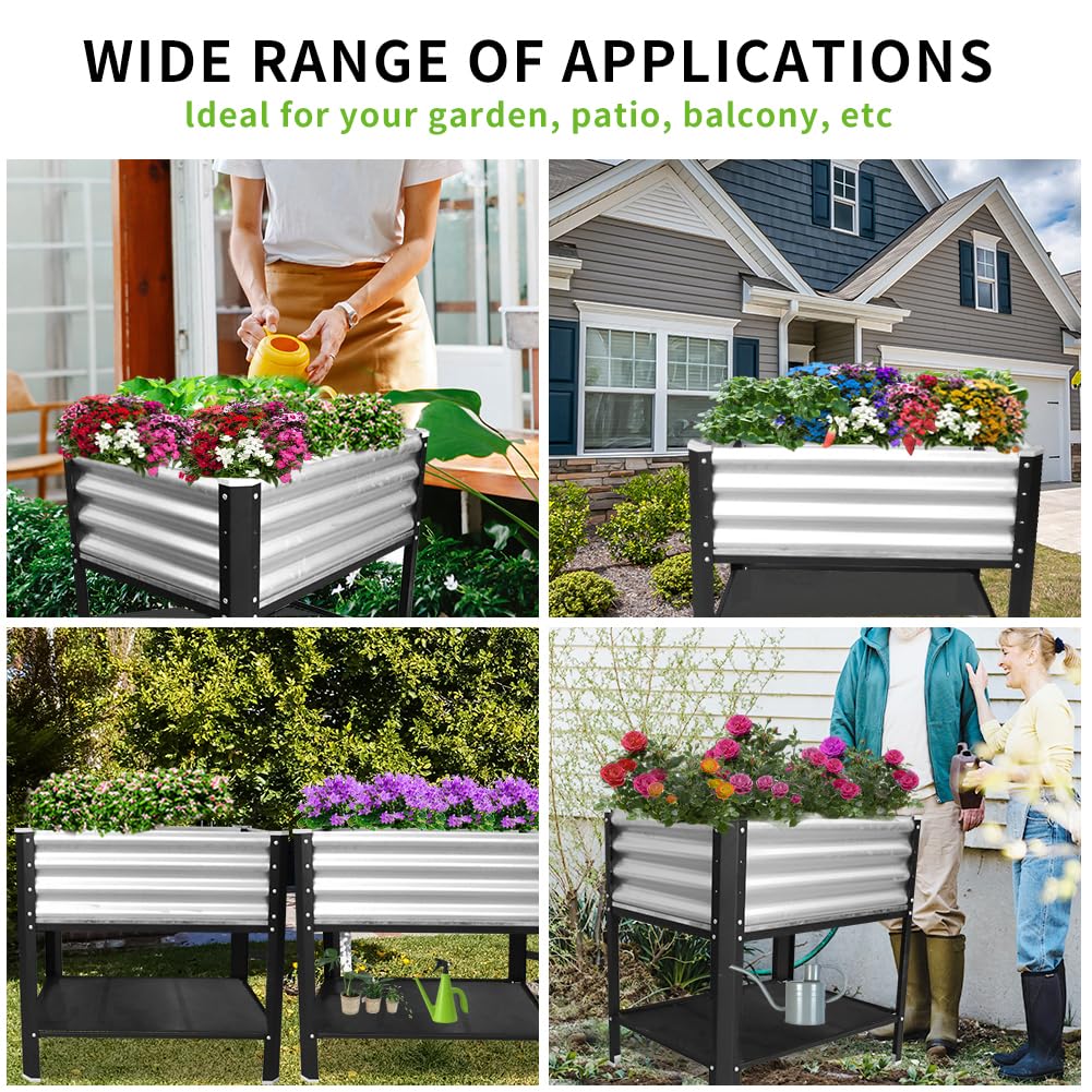 Megawodar Elevated Metal Raised Garden Bed, Large Outdoor Metal Planter Box Big Flower Plant Pot for Planting Flowers Vegetables and Herbs (Silver, Small)