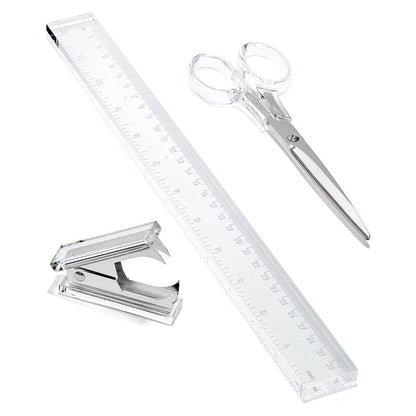 OfficeGoods 3 Piece Acrylic Desk Set - Includes Ruler, Staple Remover, Scissors - Functional & Elegant Desk Accessories - Stationary Tools for Home, Office, and School - Silver