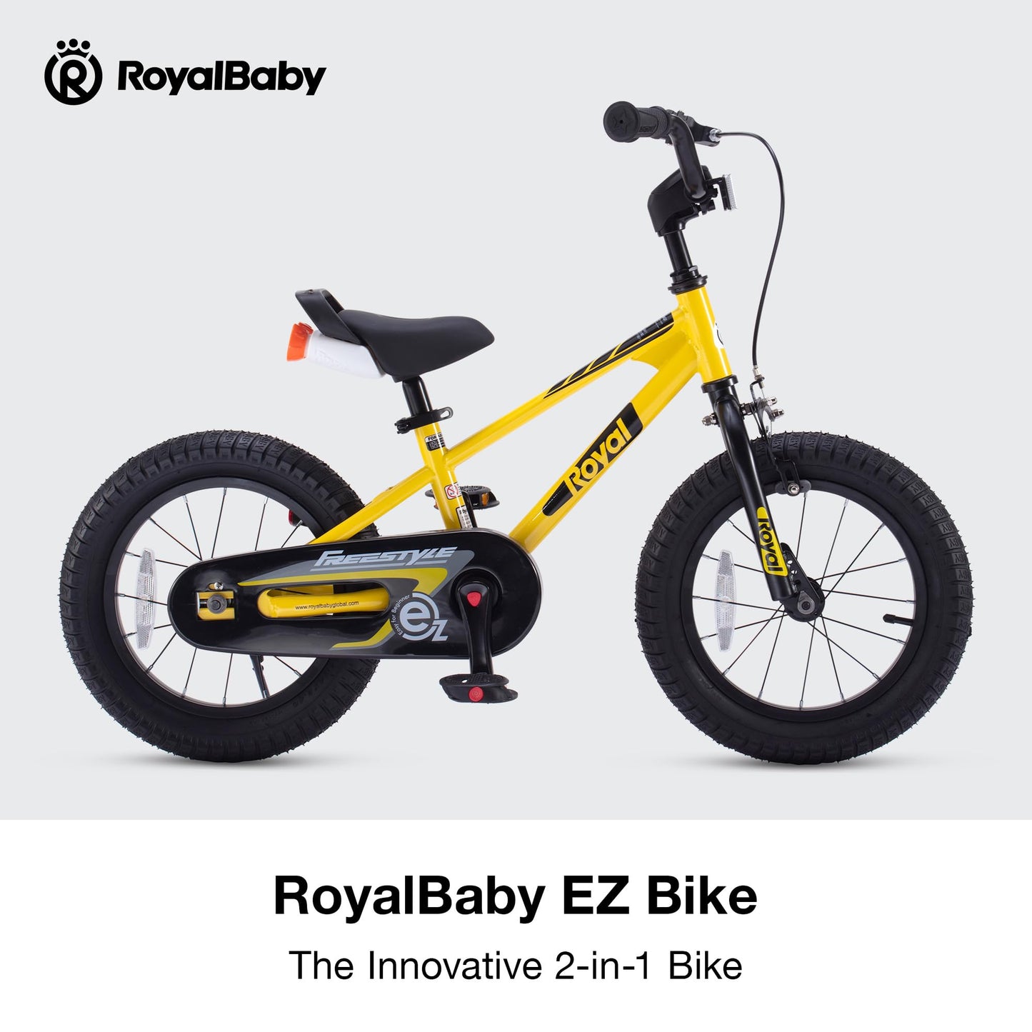 RoyalBaby Freestyle EZ Kids Bike, Easy Learn Balancing to Biking, 14 Inch Balance & Pedal Bicycle, Instant Assembly Toddlers Boys Girls Ages 3-5 Years, 14" Yellow