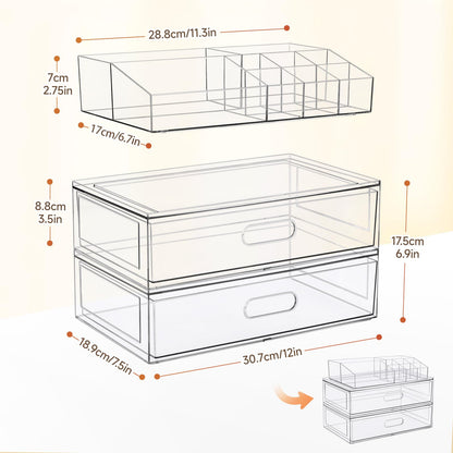 Clear Stackable Makeup Organizer with Drawer, 12''W Acrylic Storage Drawers, Cosmetic Display Case for Vanity Bathroom Countertop, Beauty Holder for Lipstick Brush Skincare Perfume