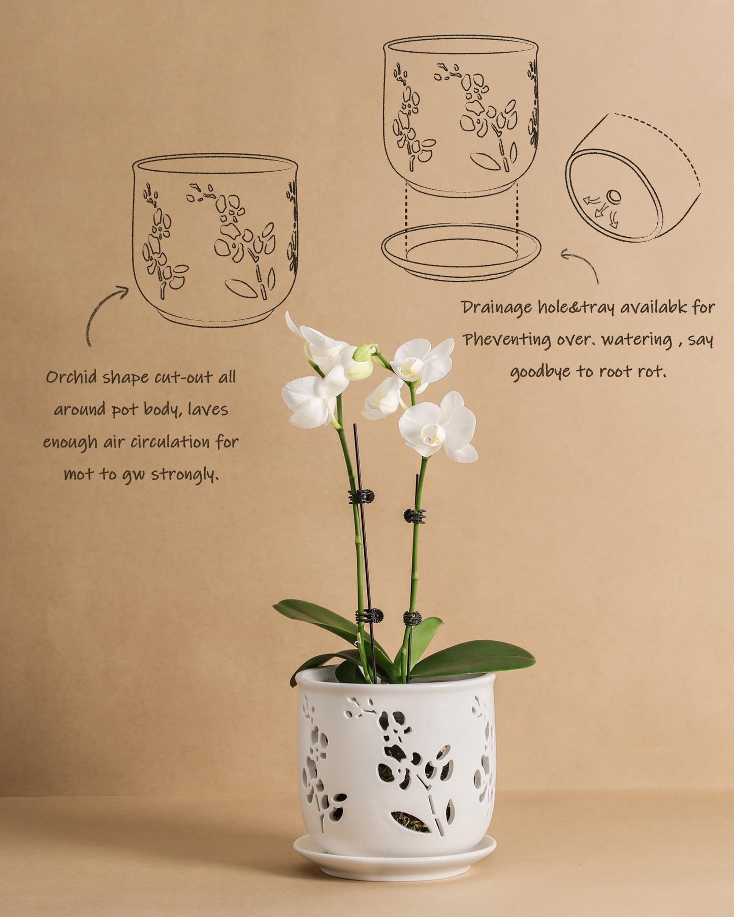 Fayoula Orchid Pot, 6.5 inch Large Orchid Pots with Holes for Healthy Growth and Easy Repotting, Premium Ceramic Orchid Planter for Indoor and Outdoor Use, (Note : Plant Not Included)