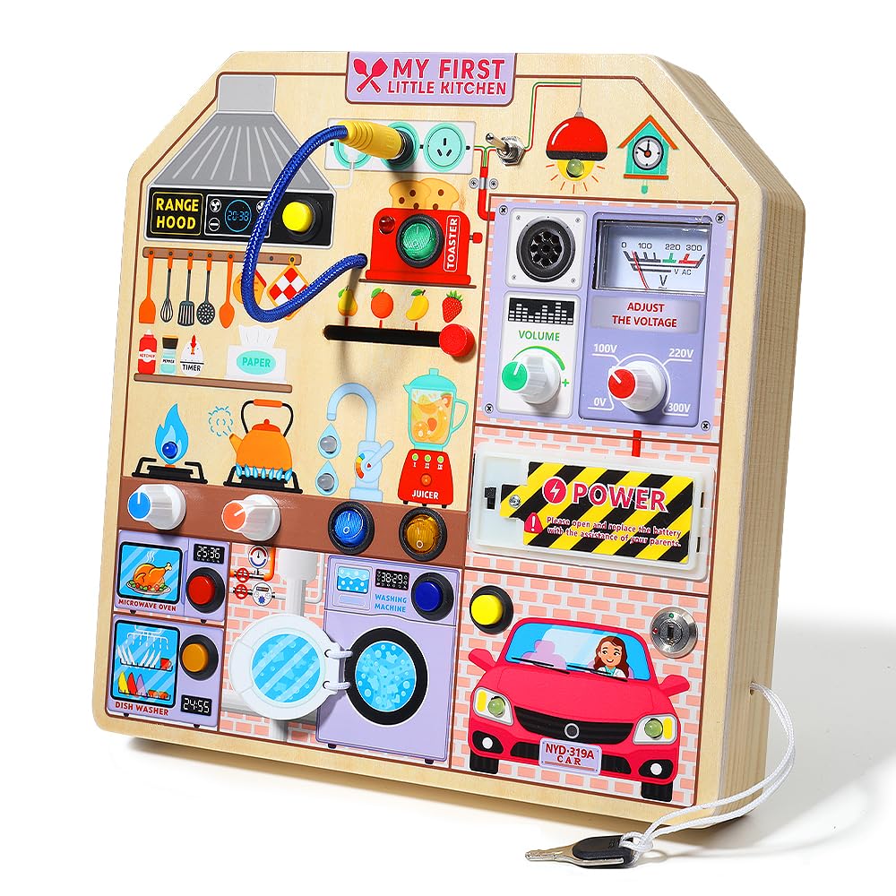 JAUNTY Kitchen Busy Board Toy for 3 4 5 Years Old, Wooden Sensory Toys Montessori 3-5 Toddler Girls Toy with Sound, Learning Kitchen Toys Great 1st First Birthday Gift for Girls Boys