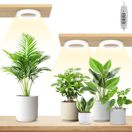 LORDEM 6.3” Ceiling Grow Lamp for Indoor Plants, 216 LEDs Full Spectrum Halo Plant Light, Under Cabinet Grow Lights with 4/8/12H Auto Timer, 3 Switch Modes, 4 Dimmable Brightness Levels, Tri Head