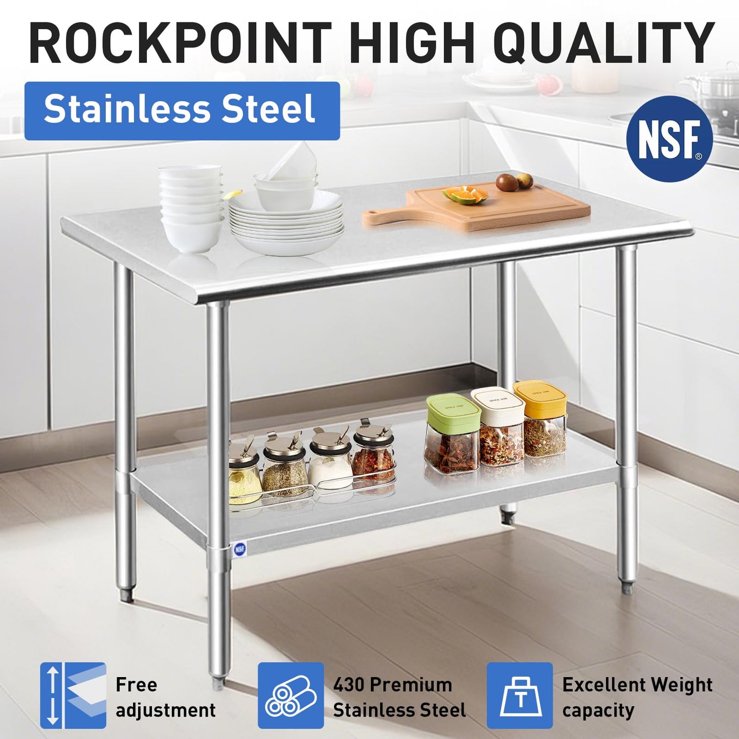 ROCKPOINT Stainless Steel Table for Prep & Work 24x48 Inches, NSF Metal Commercial Kitchen Heavy Duty Table with Adjustable Under Shelf and Table Foot for Restaurant, Home and Hotel