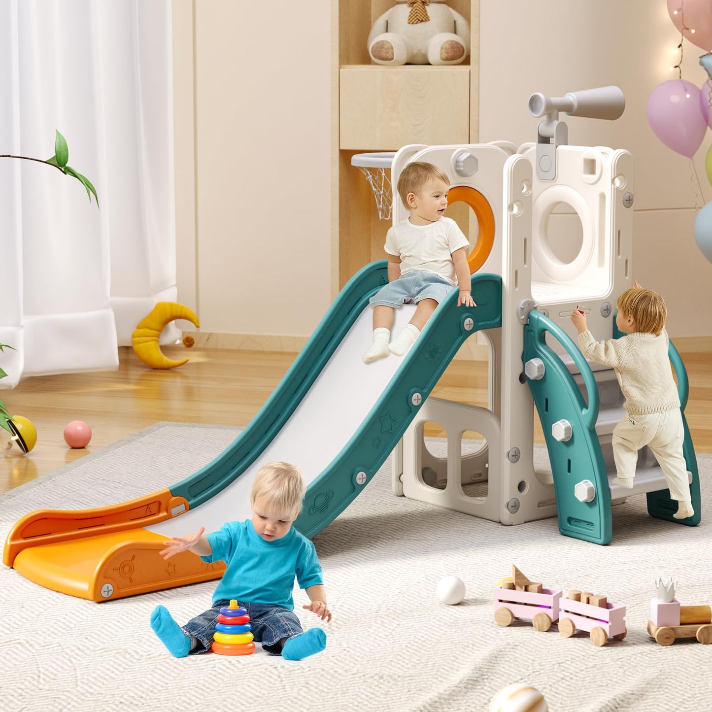 Baotree 6 in 1 Toddler Playset with Slide, Kids Slide with Basketball Hoop, Ball, Ring Toss, Indoor Outdoor Toys