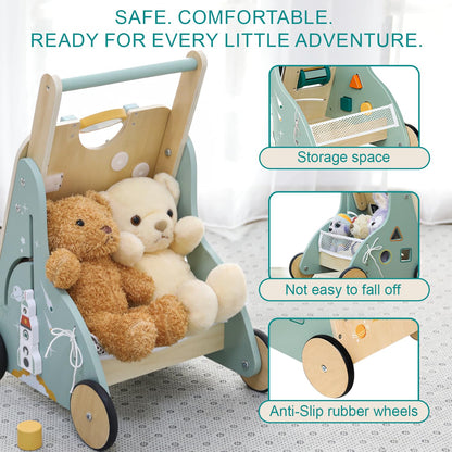 MILEFUN Adjustable Wooden Baby Walker – Montessori Push Toy for 1 Year Old with Rocket-Themed Activity Center, Sit-to-Stand Walker Gift for Boys and Girls