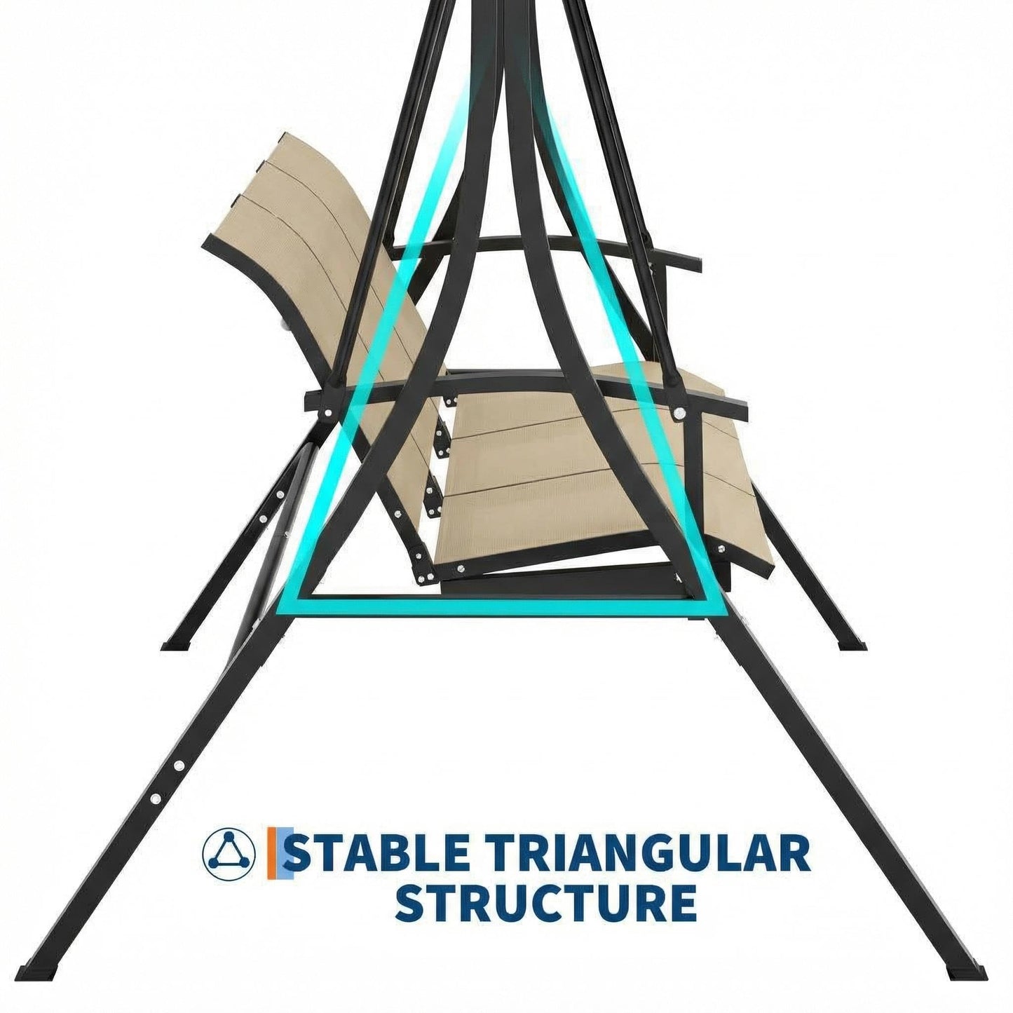 GarveeLife 3-Seat Patio Swing Chair, Outdoor Porch Hanging Chairs with Adjustable Canopy and Armrests, Breathable Textilene Fabric Seat & Backrest, Swing Bench for Garden, Poolside, Backyard, Beige