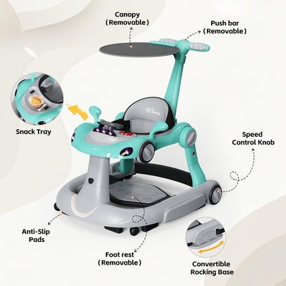 HAWEEK Baby Walker with Wheels, 7-in-1 Foldable Baby Walkers for Boys Girls 6-12 Months with Feeding Tray & Music, Lights,Rocker,Sun Canopy, Bouncing Pedal, Adjustable Wheel Speed, Push Walker(Green)