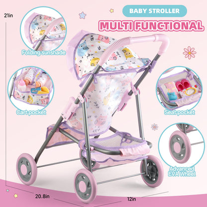 YIYBM Baby Doll Stroller Play Set with 12.5" Baby Doll,Dining Chair, 2 Sets Clothes and 20 PCS Doll Accessories. Stroller Toy for 3, 4, 5, 6 Year Old Toddler Girls for Realistic Pretend Play.