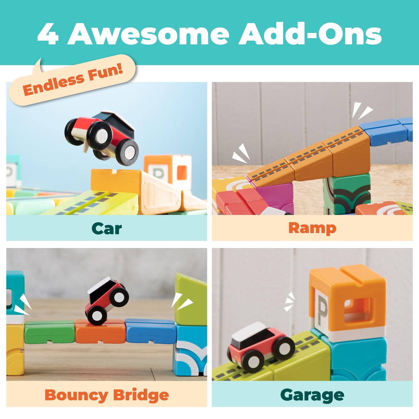 QBI STEM All-in-1 Toy Set with 6 Cars & 3D Tracks | Open Ended Educational Sensory Magnet Cubes | Montessori Toys, Magnetic Building Blocks for Boys & Girls (82 Pieces)