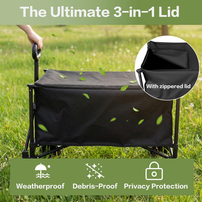 Collapsible Wagon Carts 140L with Waterproof Cover, 360LBS Heavy Duty Foldable Grocery Cart with Detachable Side Pouch & 360° Front Wheels for Garden,Camping, Shopping, Outdoor Sports (Black)