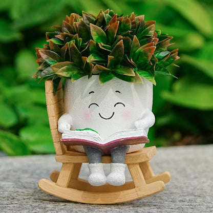 SeoatLink Cute Plant Pots Head Planters, Funny Rocking Chair Reading Book Planter Cactus Face Pot with Drainage Hole for Indoor Outdoor Plants, Gift Idea for Mother Appreciation Christmas