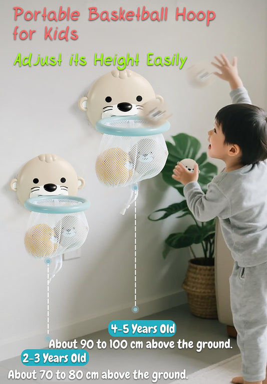 Rinnland Otter Bath Toy, Otter Family Tub Toy Bathtub Floating Toy for Kids - Soft Vinyl and ABS Plastic Material - No Hole One-Piece Design (Otter Playset + Baketball Hoop + Fishing Net + 2 Balls)