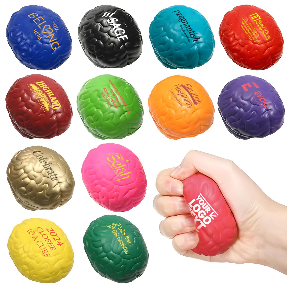 FLIXLEAP 100 Sets of Custom Stress Relief Foam Balls with Logo, Bulk Brain Shape Personalized Foam Balls, Anxiety Stress Relief Stress, Perfect for Office, Travel or Home