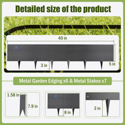 20ft. Metal Edging for Landscaping, Black Galvanized Steel Landscape Edging with 7 Stakes and a Pair of Gloves, Bendable Hammer-in Metal Lawn Edging for Fence, Flower Beds (6 Pack, 40" L x 8" H)