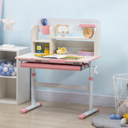 Qaba Wooden Kids Study Desk, Height Adjustable Children School Study Table, Student Writing Desk with Tilt Desktop, Drawer, Storage Shelf, Pen Holder, Pink