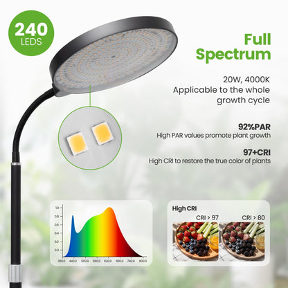 MistyJungle 20W Full Spectrum Grow Light for Indoor Plants, 63in Adjustable Floor Lamp with Gooseneck, 4000K Natural Sunlike Light, 3/9/12H Auto On/Off Timer, 10-Level Dimmable for Tall Small Plants