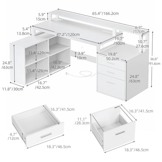 DWVO L Shaped Desk with Drawers, 65" Computer Desk with Power Outlets & LED Lights, Corner Home Office Desk with Storage Shelves & Printer Stand, White