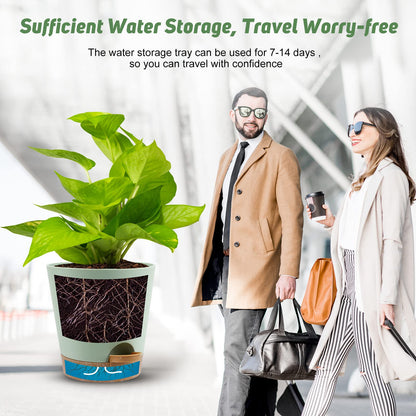 YNNICO Indoor Self Watering Planters with Drainage Holes and Saucers, 8, 7, 6.5, 6, 5.5, 5 Inches, Green, 6 Pots.