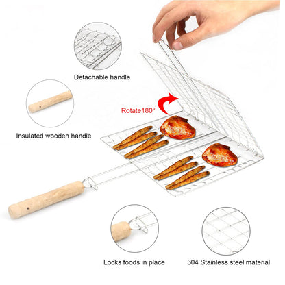 Barbeque Grill Basket, Portable BBQ Grilling Baskets with Long Handle, Stainless Steel Grilling Basket for Fish Vegetables Steak Shrimp Chops Outdoor Grill Tool Accessories
