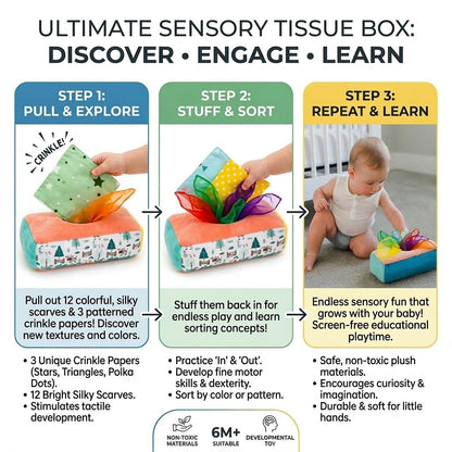 Baby Tissue Box Toy - Montessori Play for Infants and Toddlers - Sensory Textured Box with 12pcs Matching Colorful Scarves and 3pcs Crinkle Paper