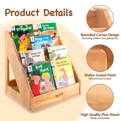 Old Canal Montessori Bookshelf, Kids Bookshelf and Toy Storage Organizer with Deep Sleeves, Toddler Book Shelves with Handle & Anti-Tilting Design, 5-Tier Pine Book Shelf for Kids Rooms, Nursery