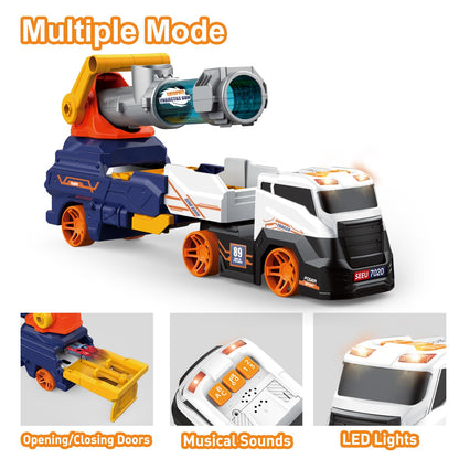 Dwi Dowellin Truck Toys for Kids, 28" Large Car Toys Include 4 Race Cars+6 Soft Foam Balls, with Light & Sounds, Eejection&Shooting Transport Trucks Toy, Gifts for Boys Girls 3 4 5 6 7 8+ Year Old