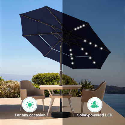 JEAREY 3 Tiers Patio Umbrella with Solar Lights 9ft Outdoor Market Table Umbrellas with Push Button Tilt for Outside Pool Garden, Navy Blue