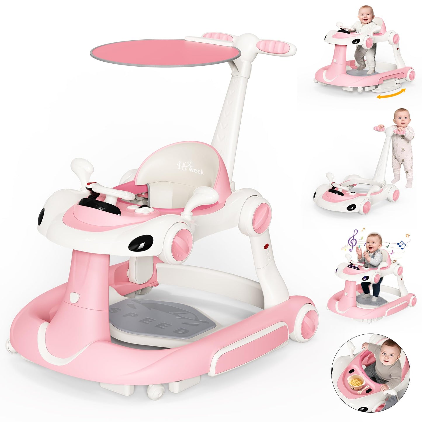 HAWEEK Baby Walker with Wheels, 7-in-1 Foldable Baby Walkers for Boys Girls 6-12 Months with Feeding Tray & Music, Lights,Rocker,Sun Canopy, Bouncing Pedal, Adjustable Wheel Speed, Push Walker (Pink)