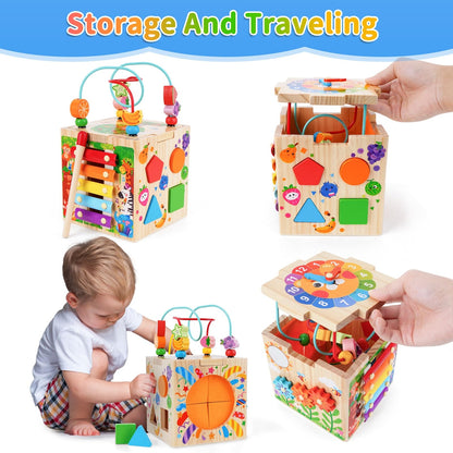 Wooden Activity Cube | Montessori Toys for 1-2 Year Old Toddlers | One Year Old 1st First Birthday Gift | Developmental Toys for 12 Months Baby Boys Girls | Bonus Sorting & Stacking Board (Pink)