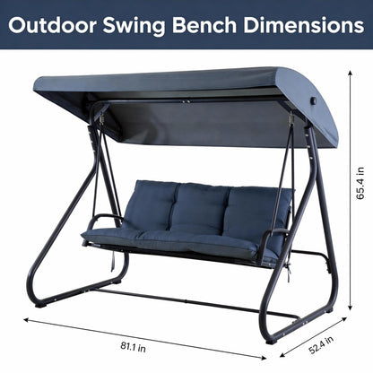 GarveeLife 3-Seat Outdoor Swing Glider with Canopy, Converts to Flat Bed, Adjustable Shade, Removable Cushions, Heavy-Duty Steel Frame, 750 lbs Capacity, for Patio, Backyard, Porch or Garden, Blue