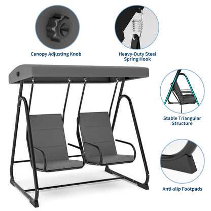 GarveeLife 2 Person Porch Swing Chair, Heavy Duty Outdoor Patio Swing Glider with Adjustable Canopy & Removable Cushions, Independent Swing Chairs for Garden, Balcony, Poolside, Backyard, Dark Grey