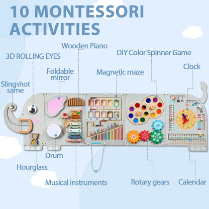 5FT Large Elephant Activity Wall Busy Board Wooden Sensory Wall Panel Educational Montessori Toys for Toddler Kids Interactive Sensory Activity Board Learning Center Playroom Daycare Nursery Decor
