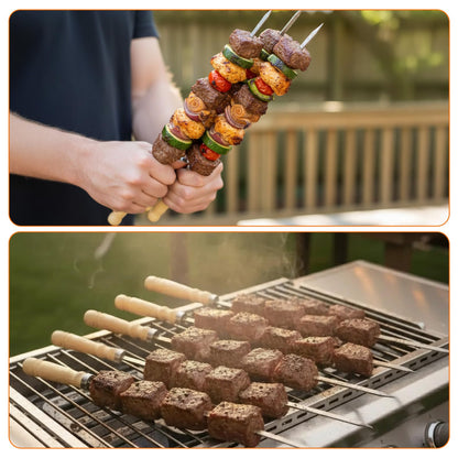 WRENYZK 24 Pcs Barbecue Skewers with Wooden Handles, Kabob Skewers for Grilling, 15.75" Stainless Steel BBQ Skewer with Basting Brush, Kabob Skewers Skewer Sticks for Camping or family