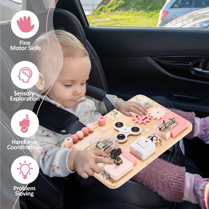 Potatomato Pink Montessori Wooden Busy Board – Sensory Toy for Toddlers – Educational Activity Board for Kids Fine Motor Skills– Travel Fidget Toy for Girls & Boys – Birthday Gift for Autism & ADHD