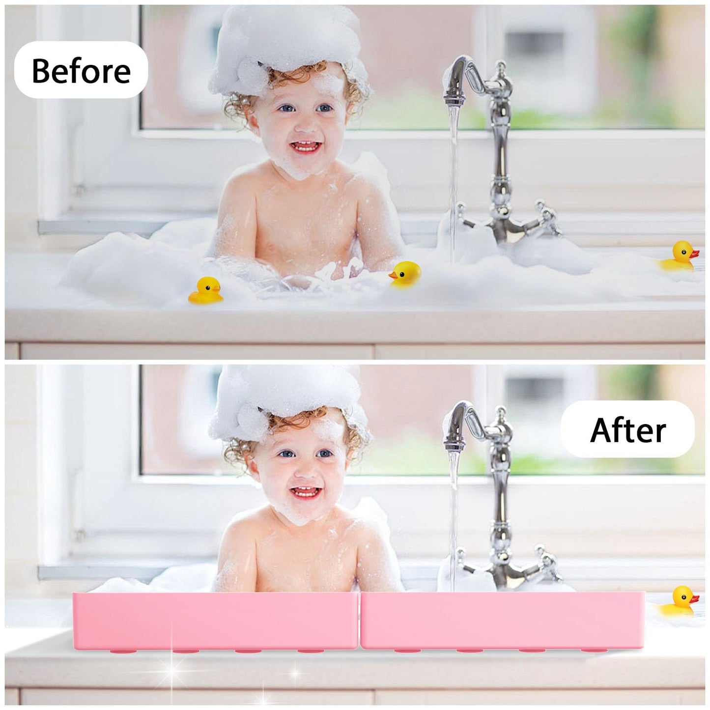 2Pack Bath Tub Splash Guard for Kids - Silicone Tub Water Splash Guard with 4 Suction Cups, Bath Toy Tray Holder, Tub Shelf for Kids, Bathroom Accessories for Children, Toddler & Baby Bath, Pink