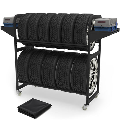 Neorexon Tire Storage Rack 57" x 55.1" x 20" w/Anti-dust Cover, Adjustable Rolling Tire Rack for Garage Black w/4 Swivel Casters & 2 Storage Shelf for Garage Storage