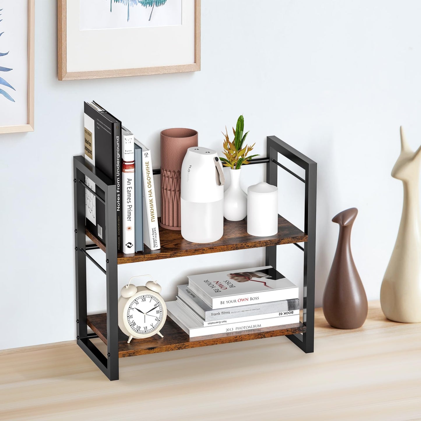 ART-GIFTREE Office Desk Shelf Organizer, Wood Desktop Bookshelf Supplies Storage Rack, Shelf for Top of Desk and Dresser (Brown-2 Tier)