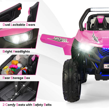 HONEY JOY Pink 2 Seater Ride On Car, 12V Battery Powered Ride On Truck w/Remote Control, Spring Suspension, High/Low Speed, Storage, Music, USB, Ambience Lights, Electric Vehicle UTV for Kids (Pink)