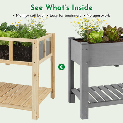 ketive Raised Garden Bed with Transparent Acrylic Panels, Elevated Wooden Raised Garden Bed Planter, Fir Wood Outdoor Planter Box for Herbs, Flowers & Patio Balcony Gardening (Natural)