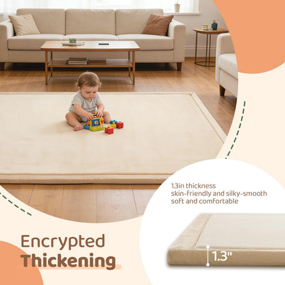 TreeBud Baby Play Mat for Floor, 1.3 Inch Thick Memory Foam Tummy Time Mat with Non Slip Backing, Soft Coral Velvet 50×50 Inch Playpen Mat Crawling Tatami for Infants Toddlers Kids, Beige