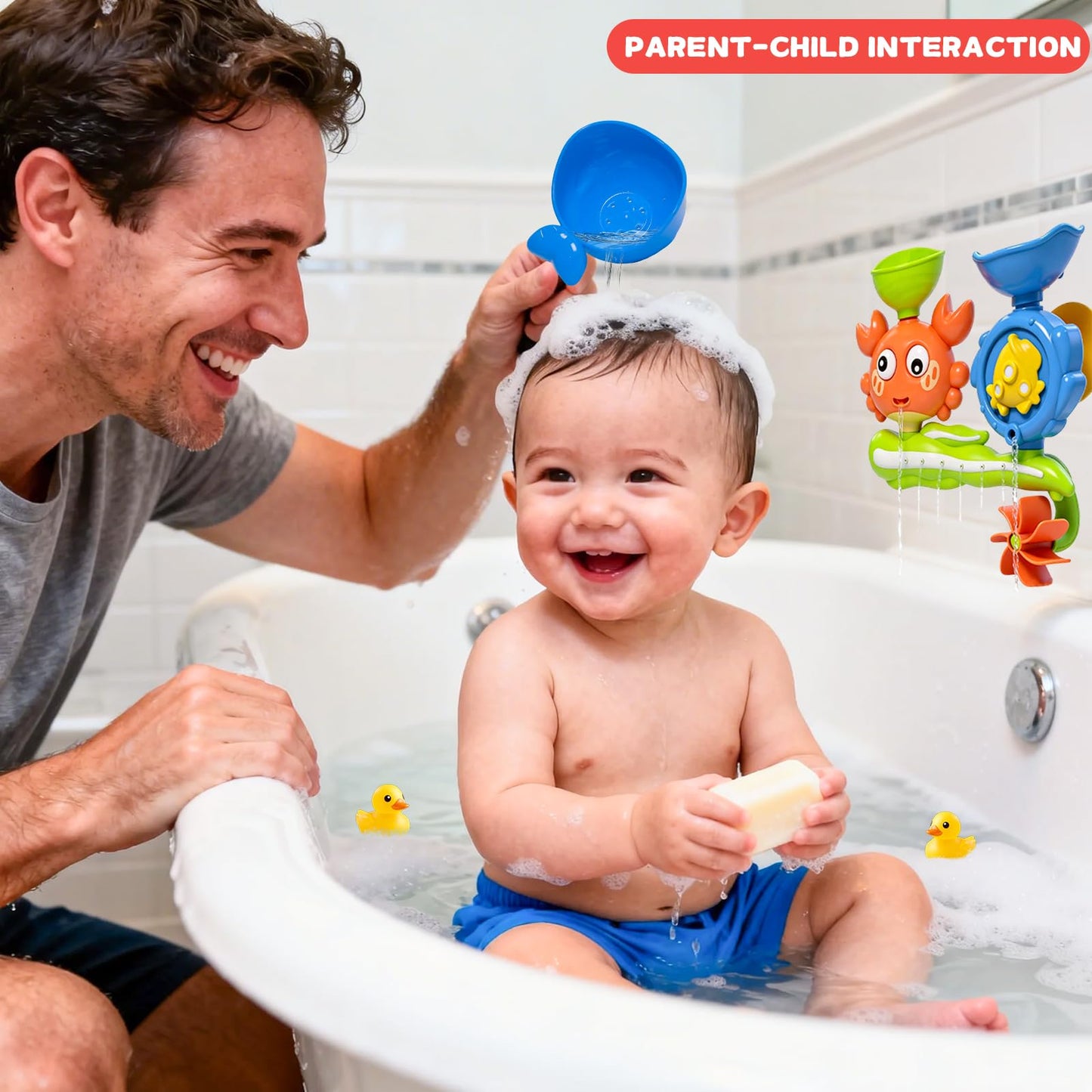 Bath Toys for Toddlers 1-3, Crab Water Wheel Bathtub Toys with 2 Suction Cups, Baby Shower Toys with Spinning Waterfall & Water Scoop, Bathroom Pool Toys for Kids Ages 1+ Year Old Boys Girls Gifts