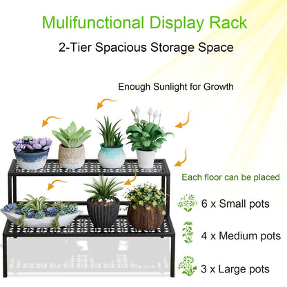 aboxoo Metal Plant Stand 2 Tier Potted Multiple Flower Pot Holder Plant Shelf Indoor Plants Multiple,Outdoor Heavy Duty Planter Display Shelving Unit for Patio Garden Corner Balcony(Black)